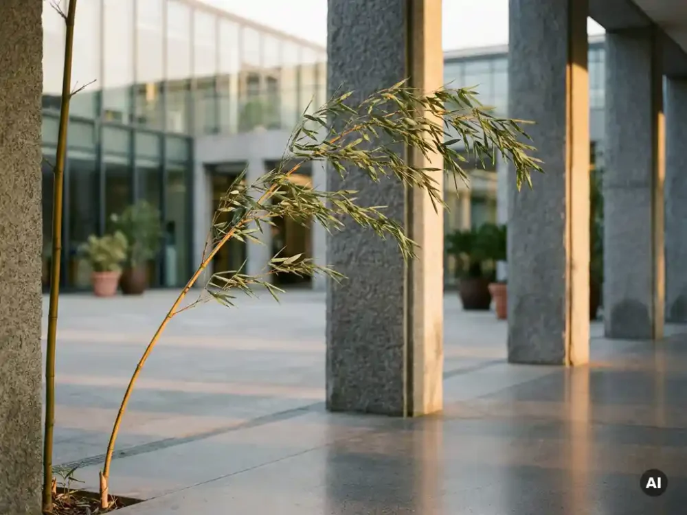 Bamboo stalk bending gracefully in wind beside rigid stone pillars in a sunlit office courtyard, symbolizing flexible resilience.