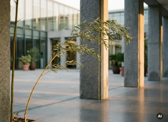 Bamboo stalk bending gracefully in wind beside rigid stone pillars in a sunlit office courtyard, symbolizing flexible resilience.