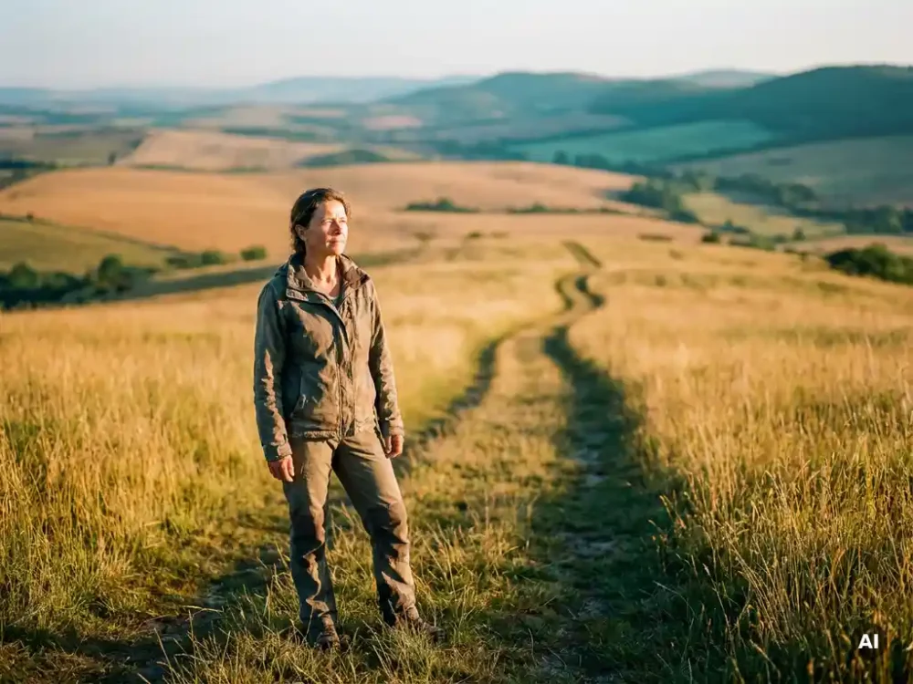 Woman standing at a sunlit hilltop gazing at a vast horizon, golden meadows and a winding path behind her in warm morning light.