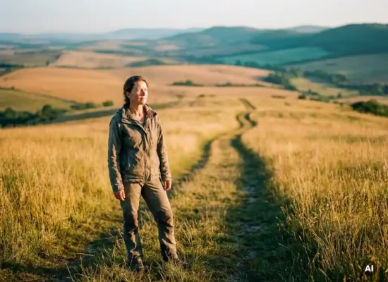 Woman standing at a sunlit hilltop gazing at a vast horizon, golden meadows and a winding path behind her in warm morning light.