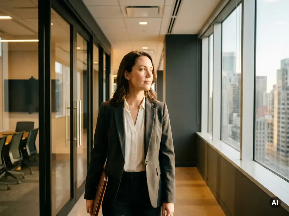 Professional woman pausing at office corridor crossroads, one path toward meeting rooms, another to bright city skyline windows, portfolio under arm.