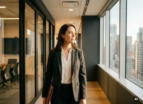 Professional woman pausing at office corridor crossroads, one path toward meeting rooms, another to bright city skyline windows, portfolio under arm.