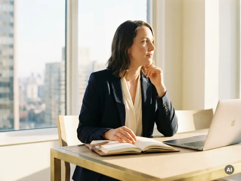 Professional woman pausing thoughtfully at a modern desk, hand on open notebook, laptop glowing in warm afternoon office light.