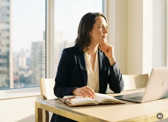 Professional woman pausing thoughtfully at a modern desk, hand on open notebook, laptop glowing in warm afternoon office light.