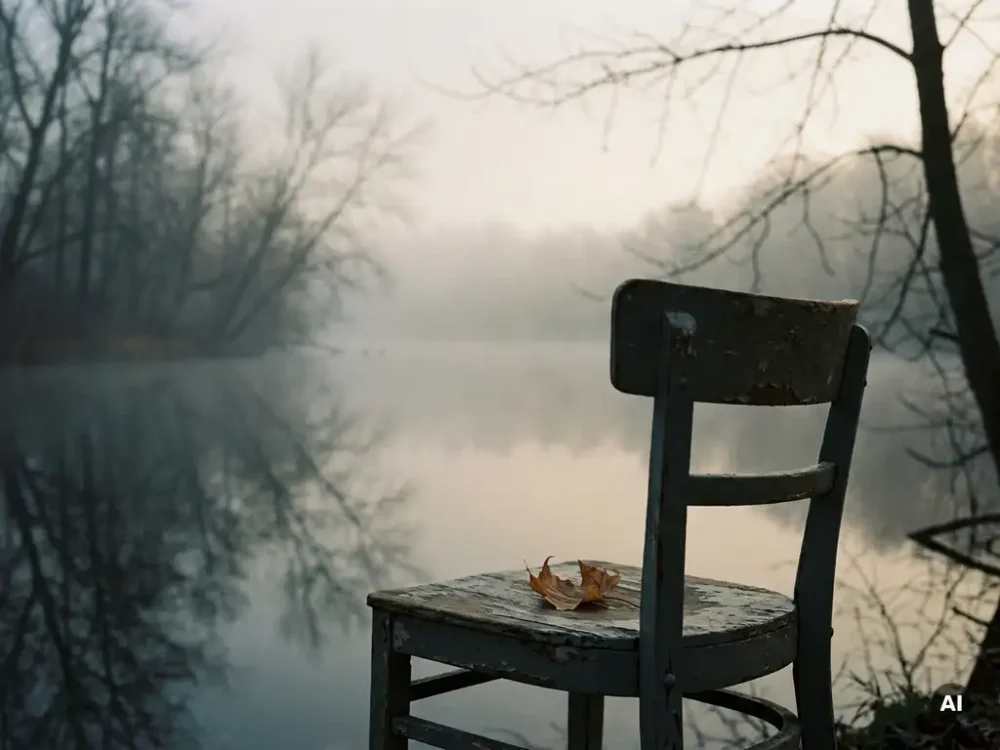 Weathered wooden chair beside a misty lake at dawn, bare trees reflected in still water, dried leaf on the seat.