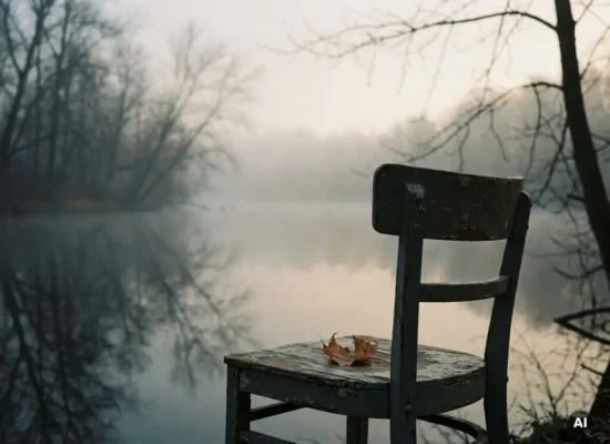 Weathered wooden chair beside a misty lake at dawn, bare trees reflected in still water, dried leaf on the seat.