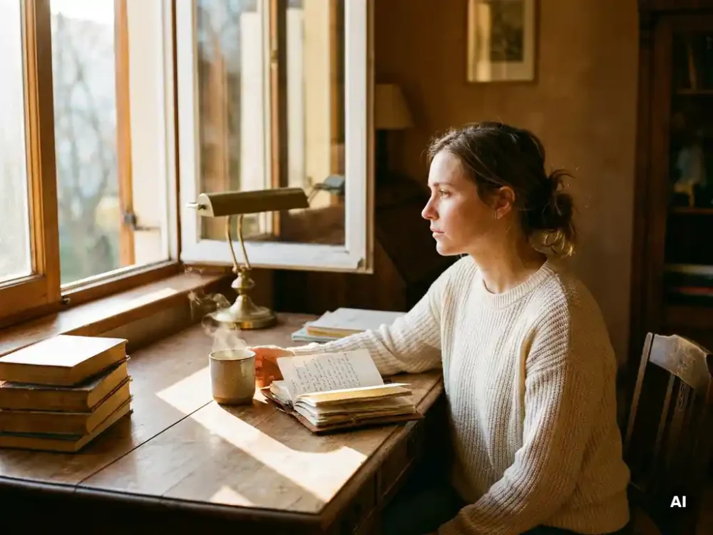 Woman gazing out a sunlit window at a wooden desk with an open journal and steaming coffee cup in warm morning light.